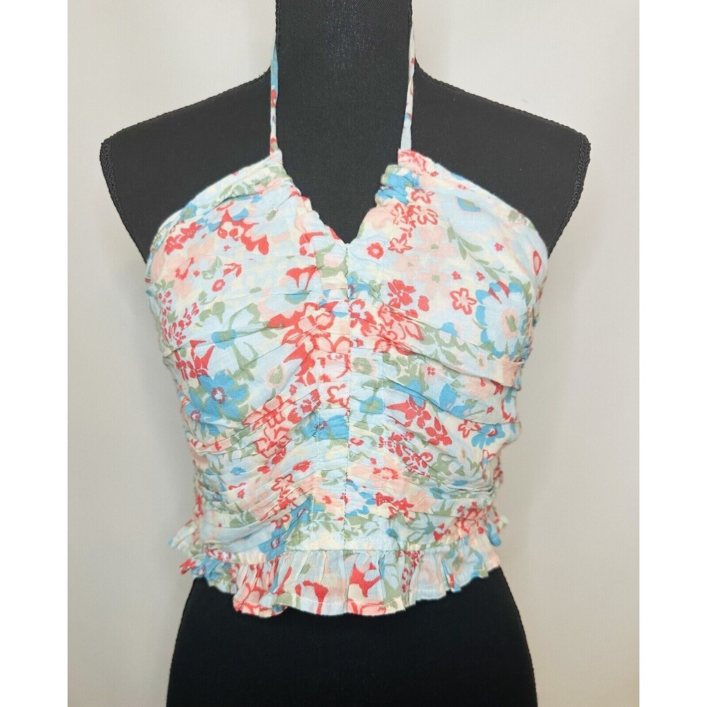 AMERICAN EAGLE Floral Cinch Front Smocked Back Ruffle Halter Crop MED NWT